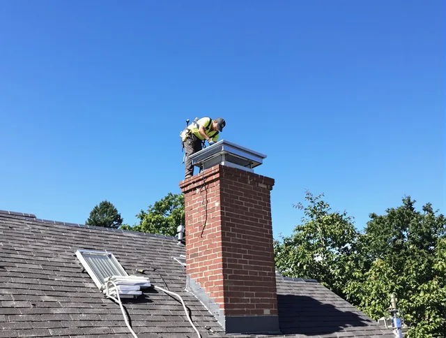 Simsbury Chimney Sweep technician measuring a chimney cap in Simsbury, CT