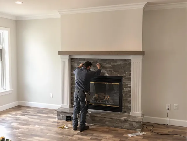 Simsbury Chimney Sweep finishing a custom fireplace install in Simsbury, CT
